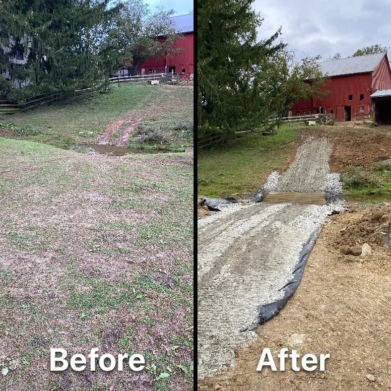 Before-and-after photos of a muddy, grassy path being improved with gravel and a culvert leading up to a red barn.