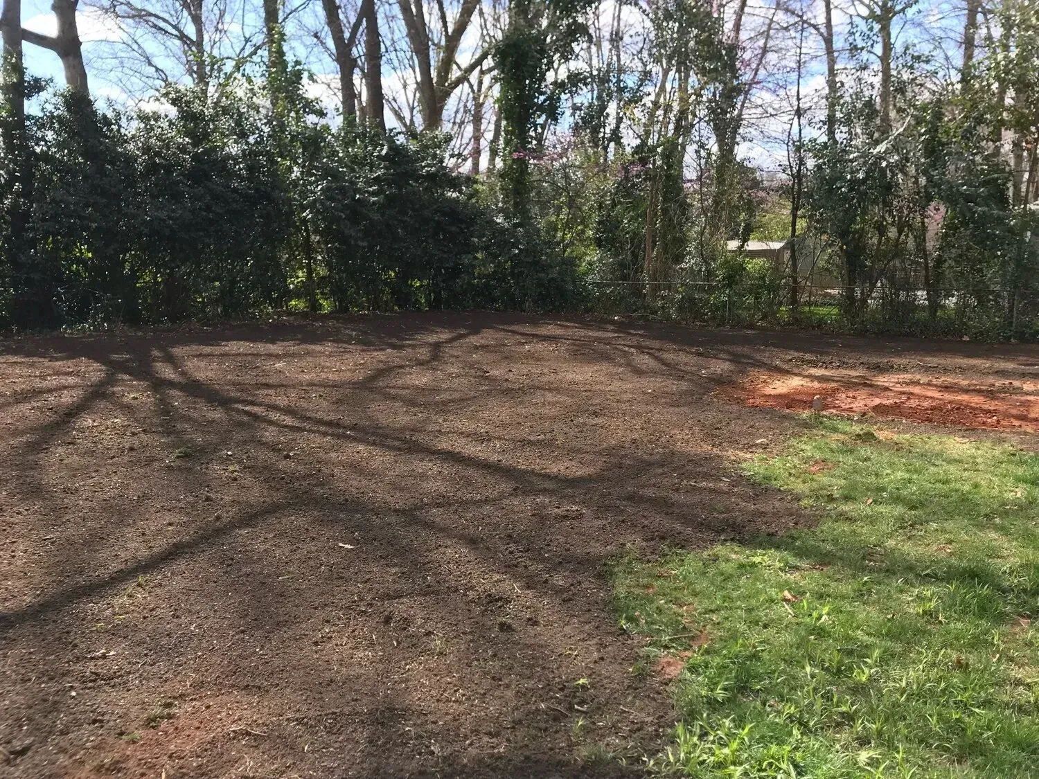 A patch of freshly tilled, dark brown soil in a yard bordered by green trees and a small area of grass.