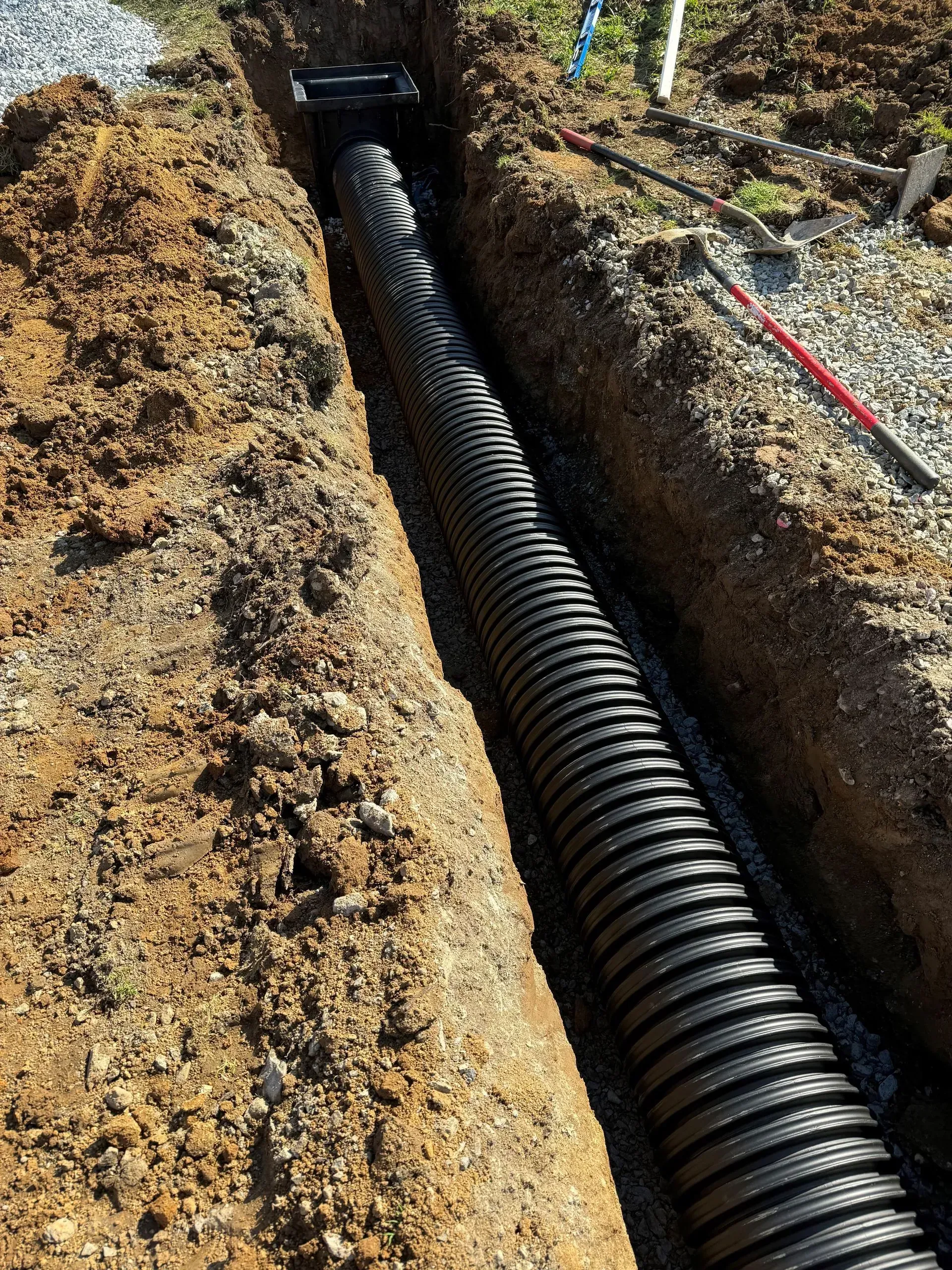A black corrugated drainage pipe lies in a freshly dug dirt trench outdoors.