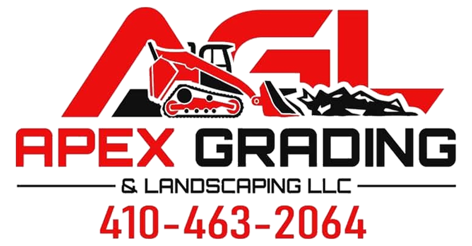 A logo for Apex Grading & Landscaping LLC featuring a red construction vehicle silhouette and phone number 410-463-2064.