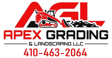 A logo for Apex Grading & Landscaping LLC featuring a red construction vehicle silhouette and phone number 410-463-2064.