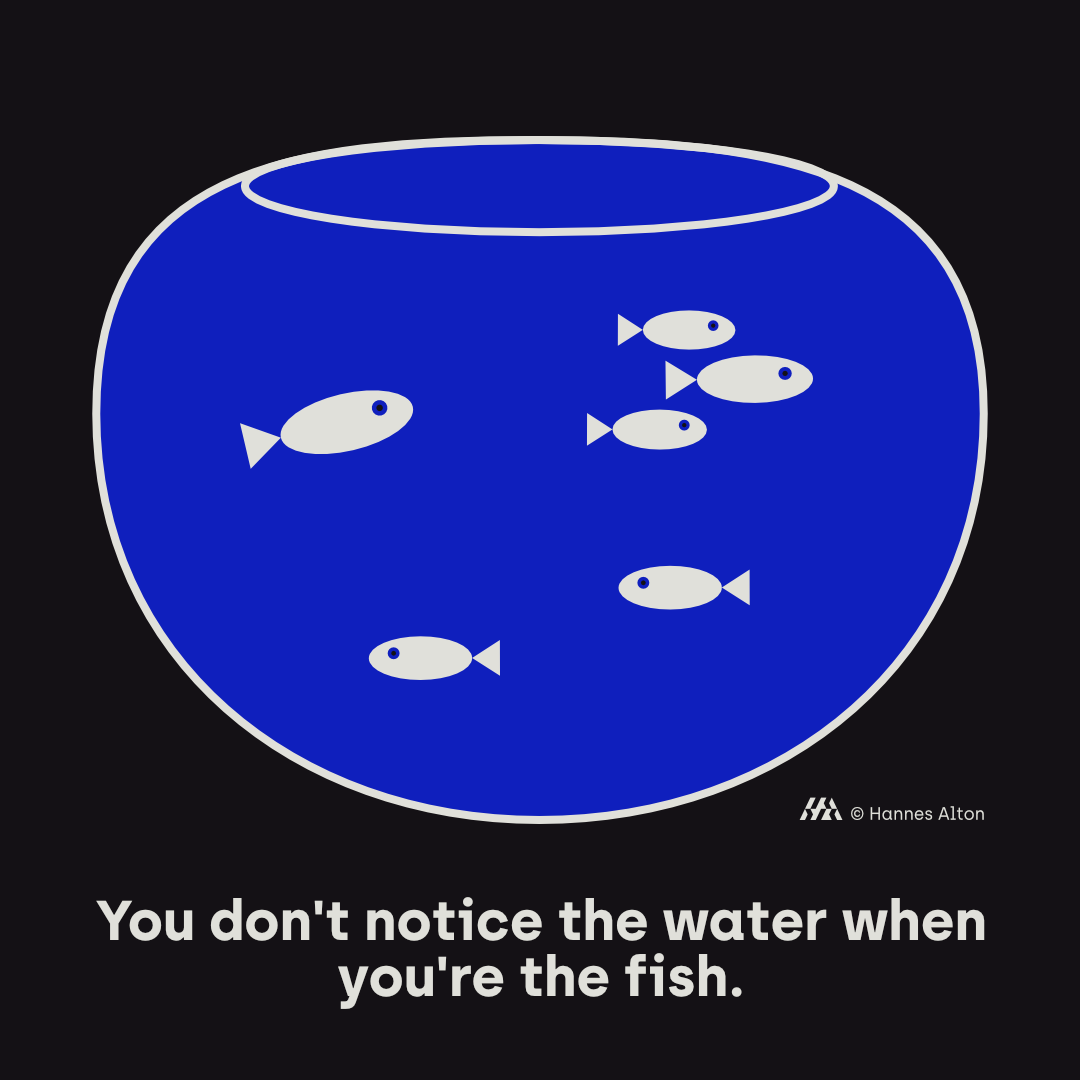 Round aquarium with blue water and white fish - symbol for organization, system and people