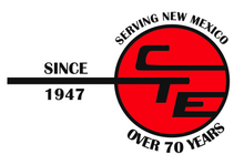 Logo for CTE, serving New Mexico since 1947. Red circle with white text: