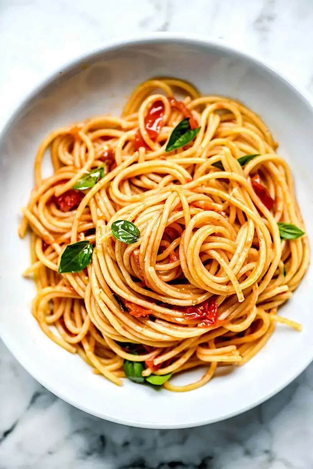 Spaghetti tossed in red tomato sauce with basil on a white plate