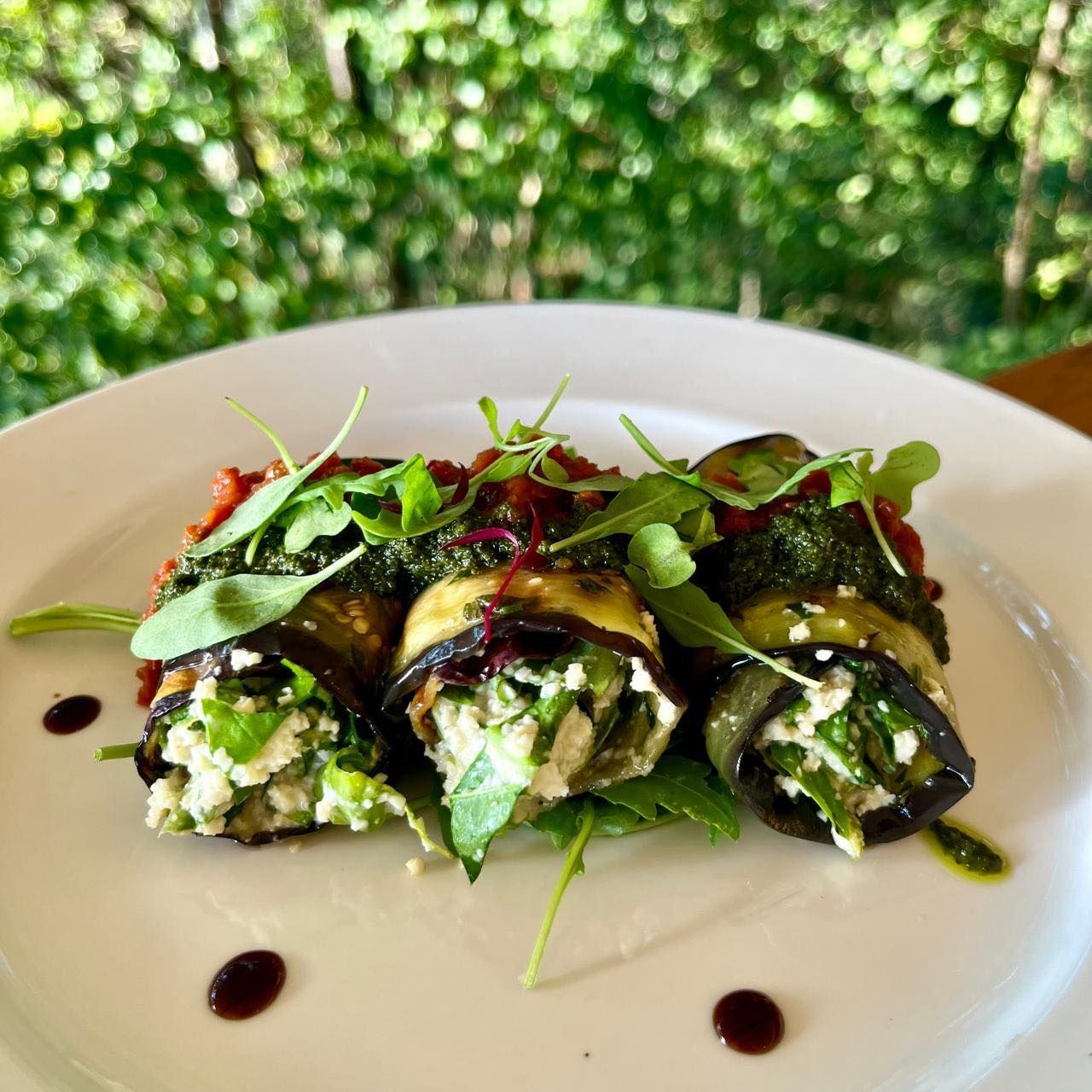 Stuffed vegetable rolls topped with herbs and balsamic drizzle on a white plate outdoors