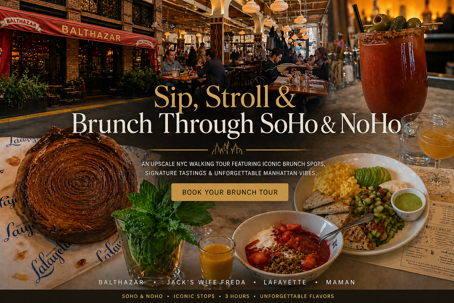 SoHo brunch promo with cocktails, plates of food, and text reading “Sip, Stroll & Brunch Through SoHo & NoHo”