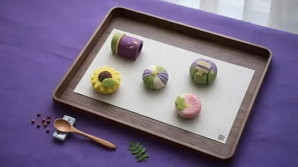 Tray of colorful decorated pastries on a purple surface, with a spoon and a few scattered crumbs nearby