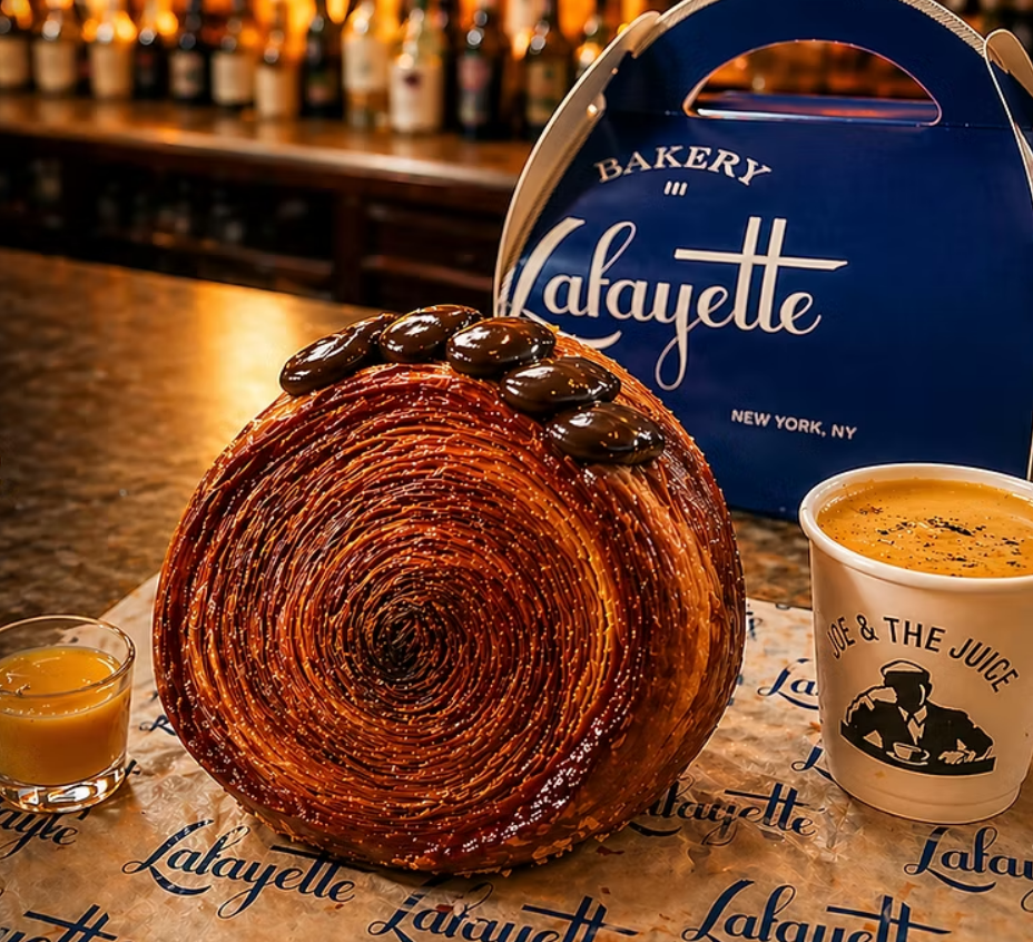 Chocolate pastry and coffee cup on a bakery counter with Lafayette bag in the background