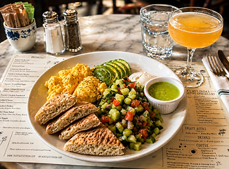 Brunch plate with scrambled eggs, toast, avocado, and salad beside orange juice on a café table