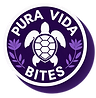 Purple circular &ldquo;Pura Vida Bites&rdquo; logo with a turtle icon in the center