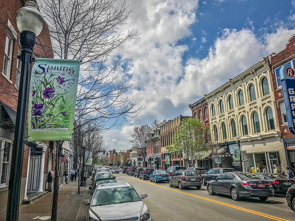 A row of cars are parked on the side of a city street in Franklin, Tennessee