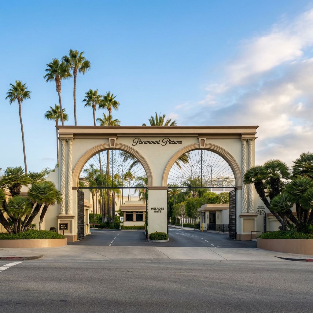 Entrance to Paramount Studios, Los Angeles. Arched gateway with 