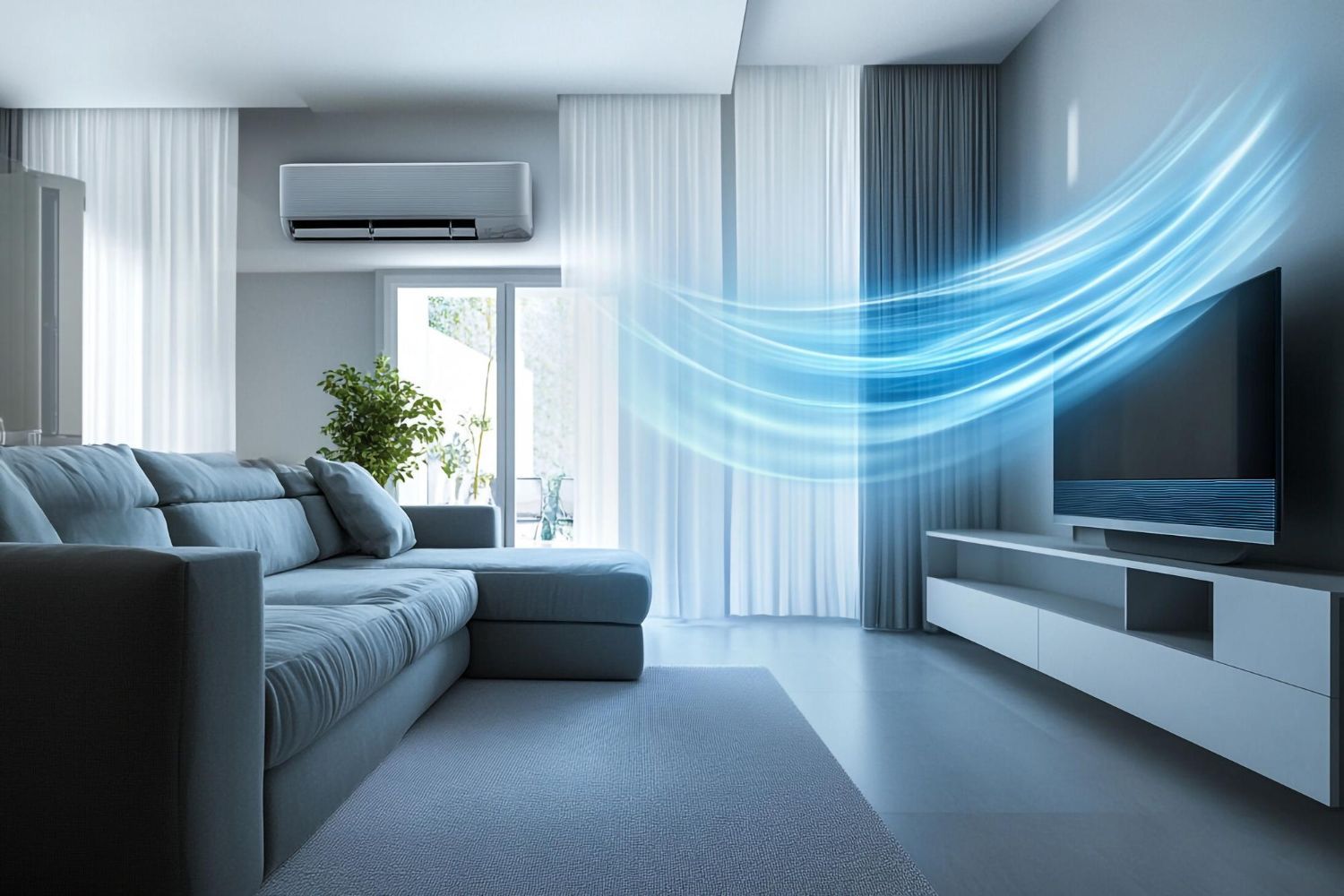 A living room with a couch and television, showing a blue visual effect of cool air flowing from an air conditioner.