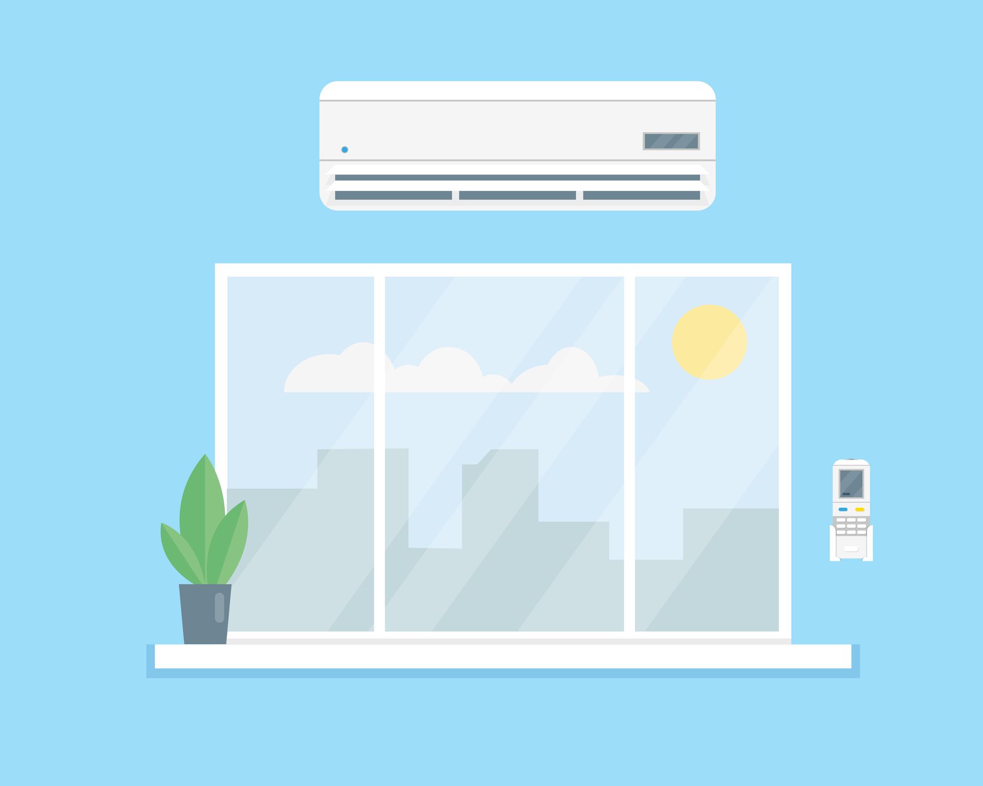 Minimal room with wall-mounted air conditioner above a window, potted plant, and remote on a blue wall.