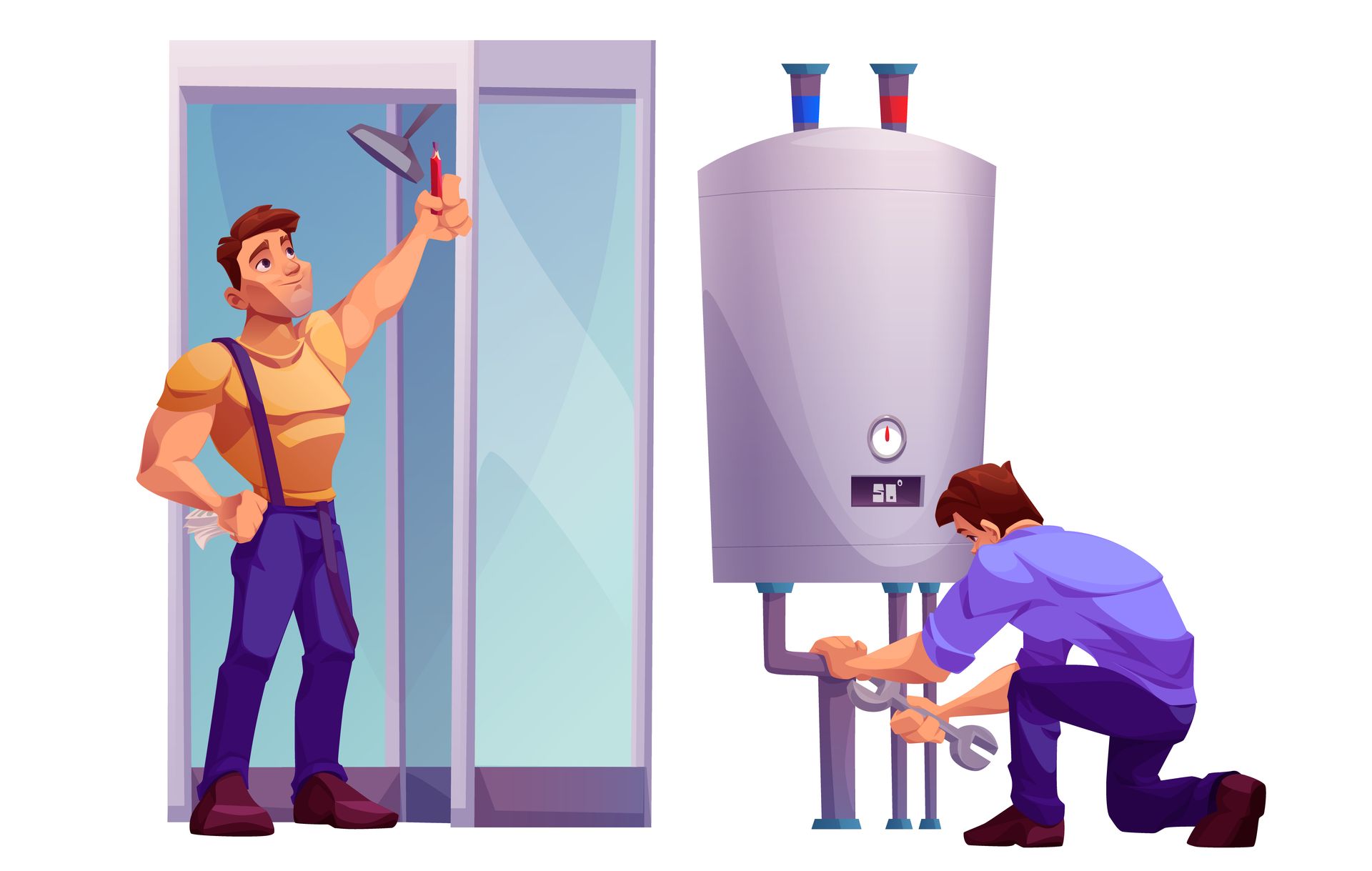 Two workers installing a water heater and adjusting a glass shower door in a bathroom.