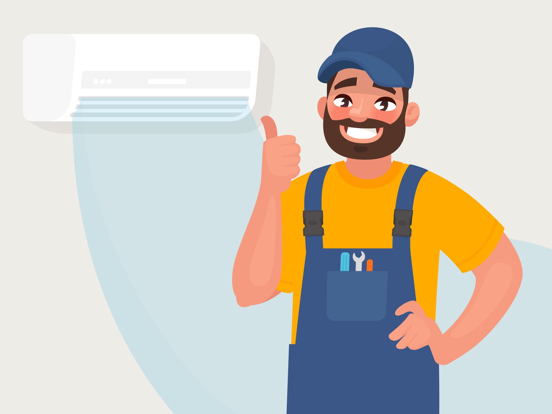 Technician smiling beside a wall-mounted air conditioner, giving a thumbs-up.