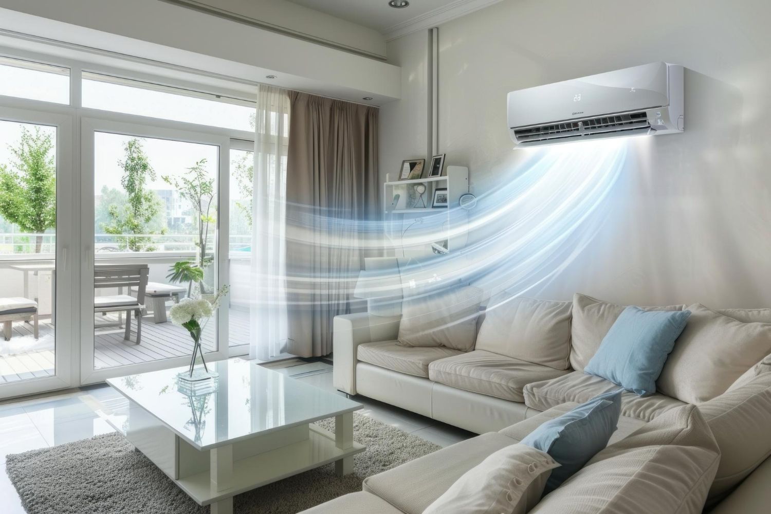Air conditioning unit in a modern living room, with flowing cool air and a view of a balcony.