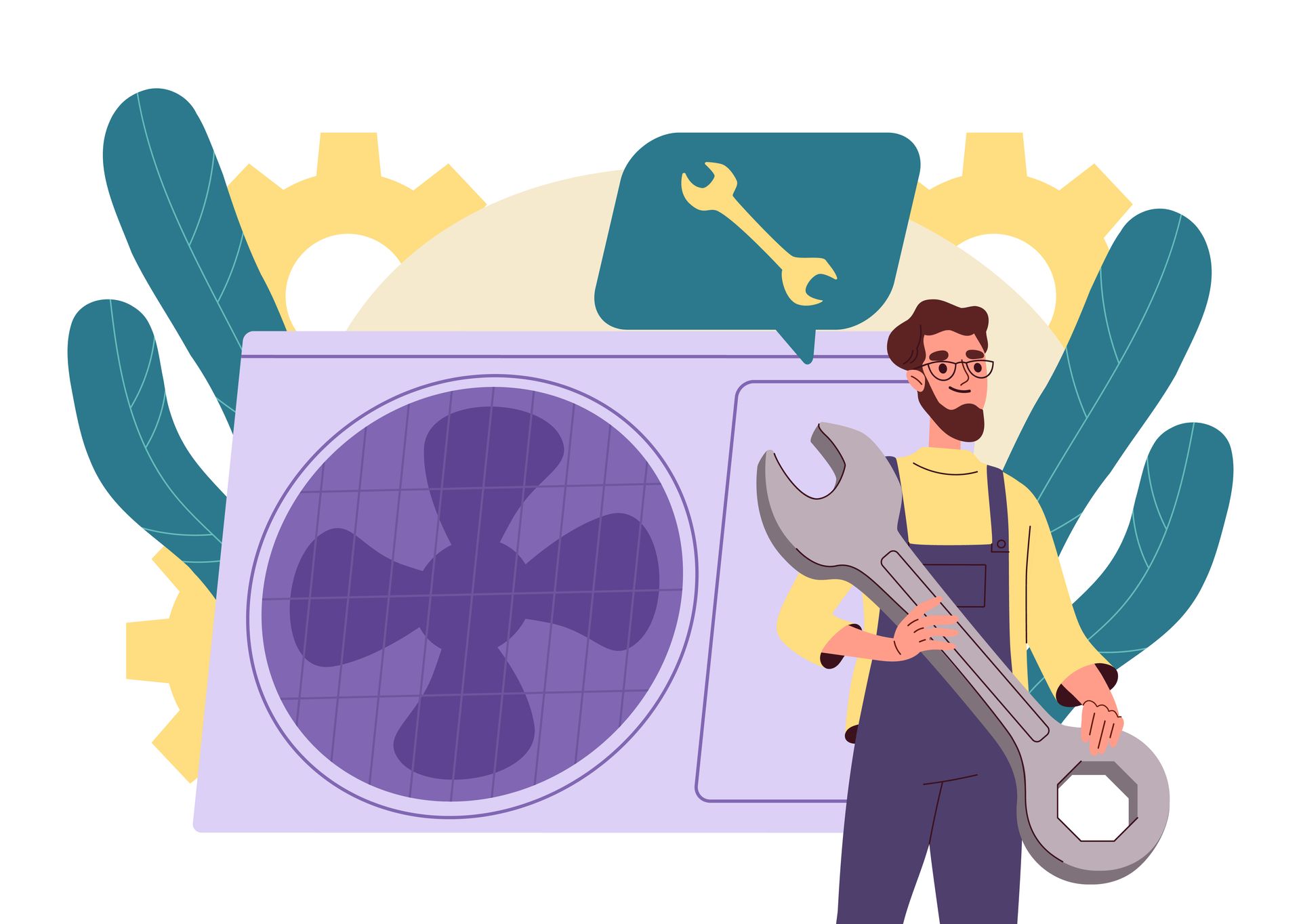 Mechanic holding a wrench beside an HVAC unit with fan, gears, and repair icon in the background