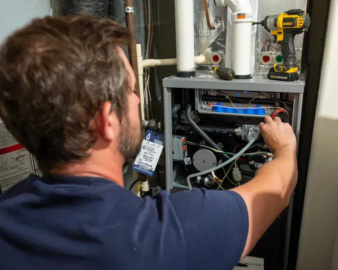 Technician inspecting a furnace with a lit display panel inside a utility closet
