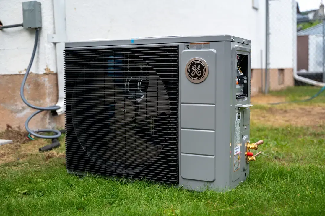 A new GE air conditioner getting ready to be installed. 