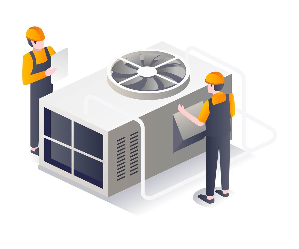 Technicians inspecting a large HVAC unit with a rooftop fan and control panel