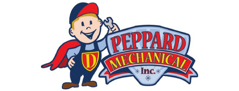 The logo for peppard mechanical inc. shows a cartoon character holding a wrench.