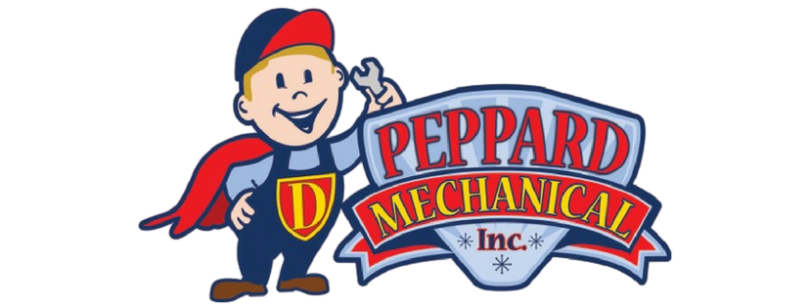 The logo for peppard mechanical inc. shows a cartoon character holding a wrench.