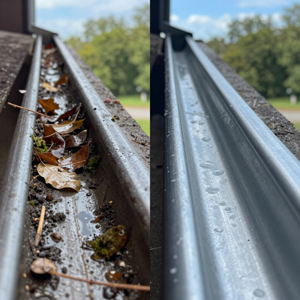 Clogged gutter with wet leaves beside a clean metal gutter, shown in a side-by-side comparison.
