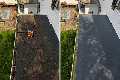 Before-and-after rooftop: dirty black roof on left, clean gray roof on right, with a worker on the left.