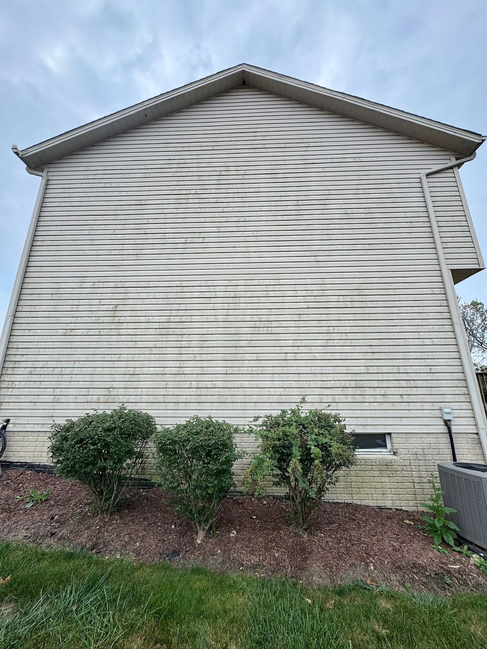 Side of a white house with diagonal siding, small shrubs, and a landscaped mulch bed.