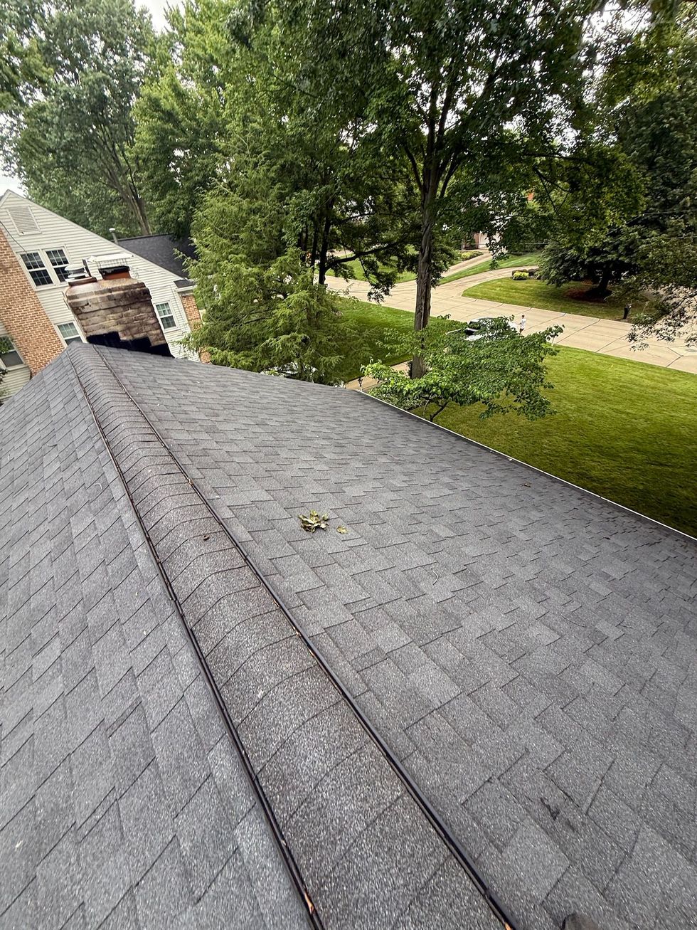 Gray shingled roof in foreground with trees and a yard beyond, viewed from above