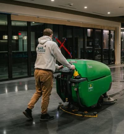 Worker pushing a green floor scrubber in a lobby with glass doors and reflective floors