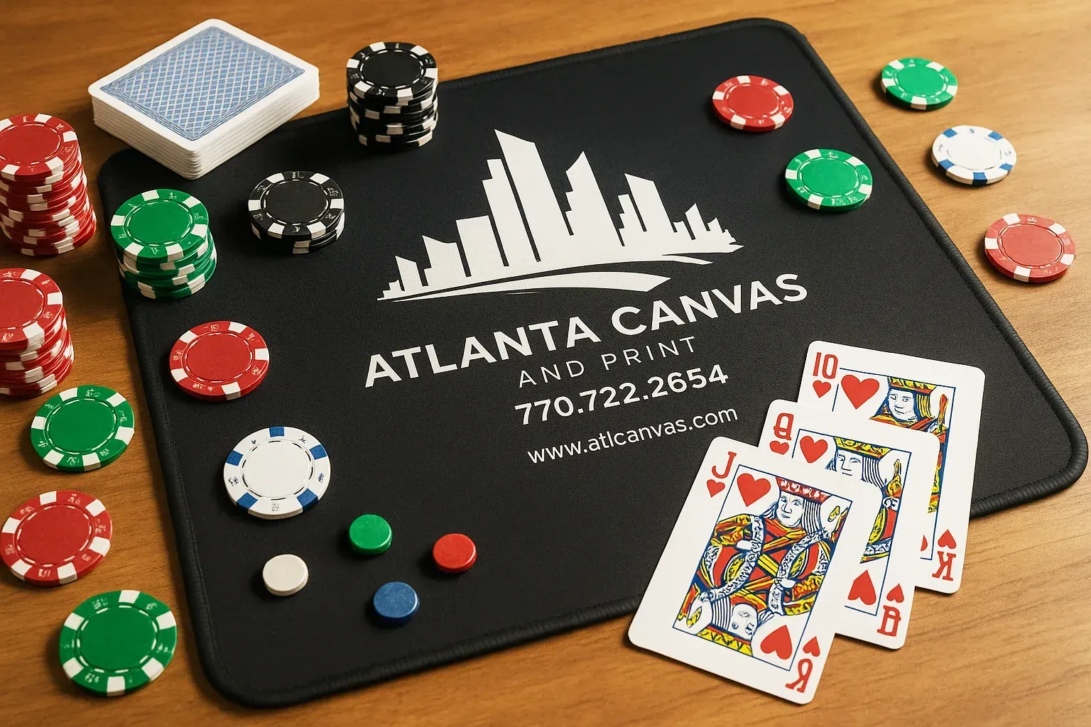 Poker table with chips, cards, and an Atlanta Canvas logo mat on a wooden surface