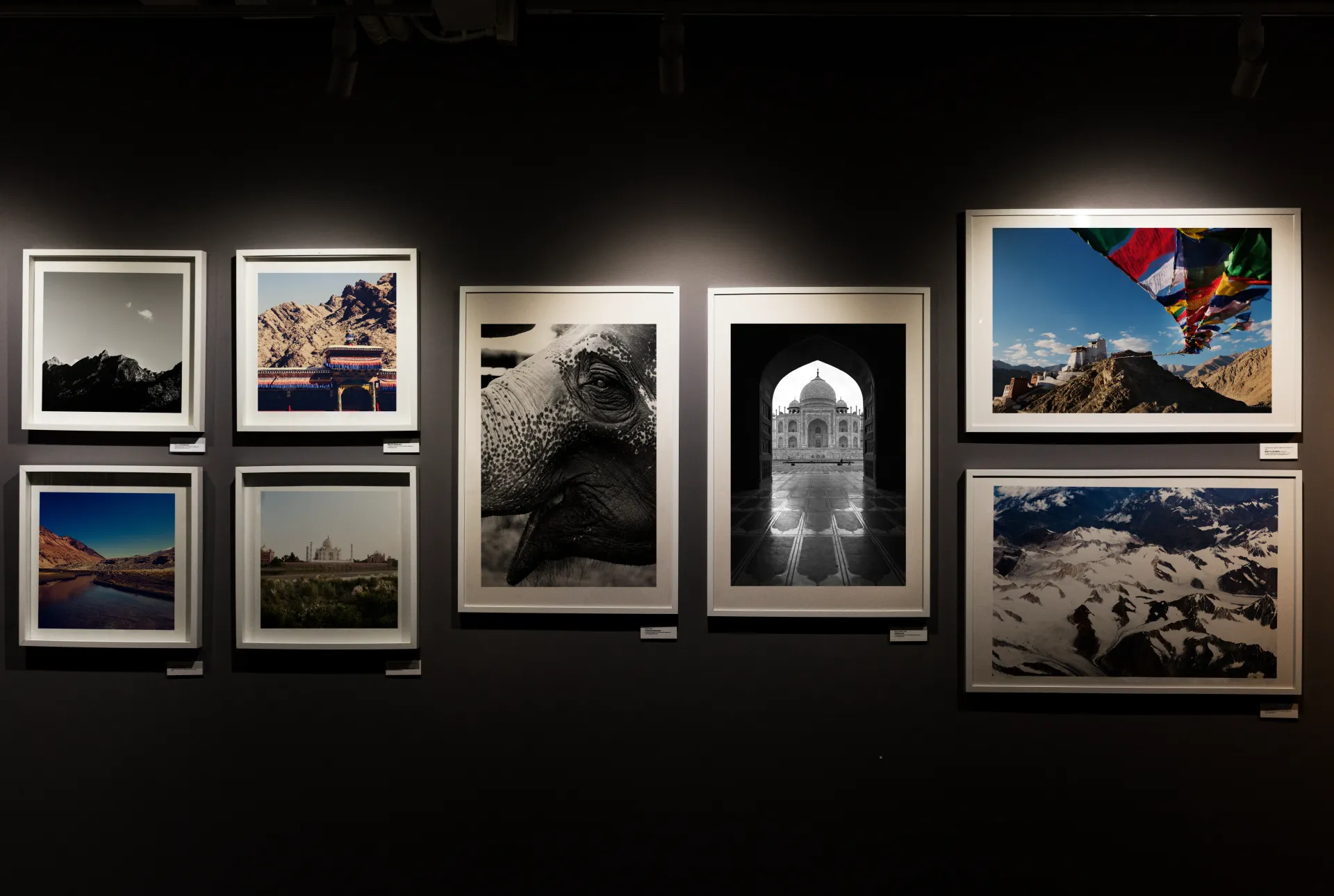Framed landscape photos and black-and-white prints displayed on a dark gallery wall