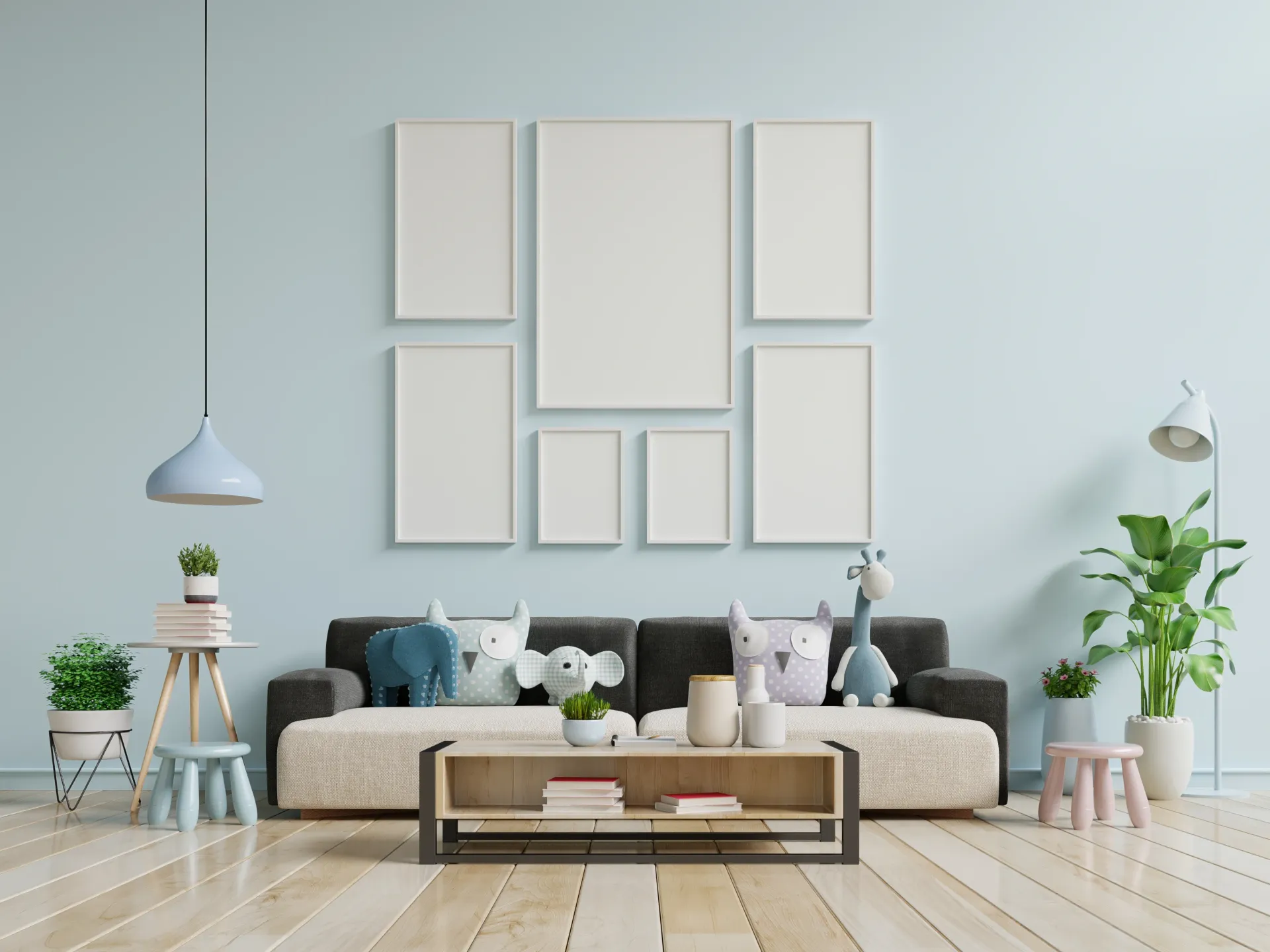 modern living room with photo prints