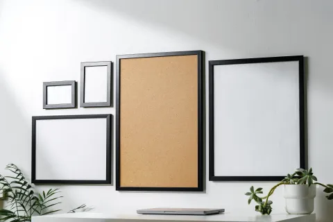 Frames and corkboard on a white wall. Plants on a white surface below.