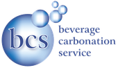 Beverage Carbonation Service logo with text and bubbles in blues and white