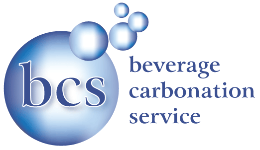 Beverage Carbonation Service logo with text and bubbles in blues and white