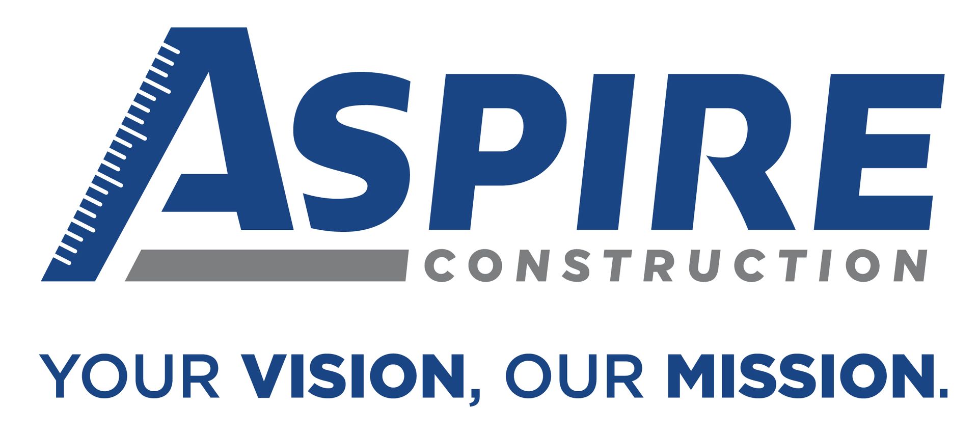 ASPIRE Construction logo with blue and gray text and slogan “Your Vision, Our Mission.”