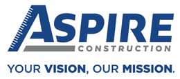 ASPIRE Construction logo with blue and gray text and slogan “Your Vision, Our Mission.”