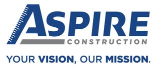 ASPIRE Construction logo with blue and gray text and slogan “Your Vision, Our Mission.”