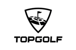 Topgolf black logo with shield and flag icon above the word TOPGOLF