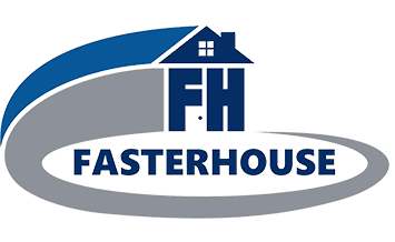 FasterHouse logo with blue and gray house-shaped FH icon and bold text on a gray oval background