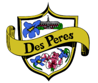 Shield-style logo with yellow banner reading “Des Peres,” blue flowers, and a building above colorful roses.