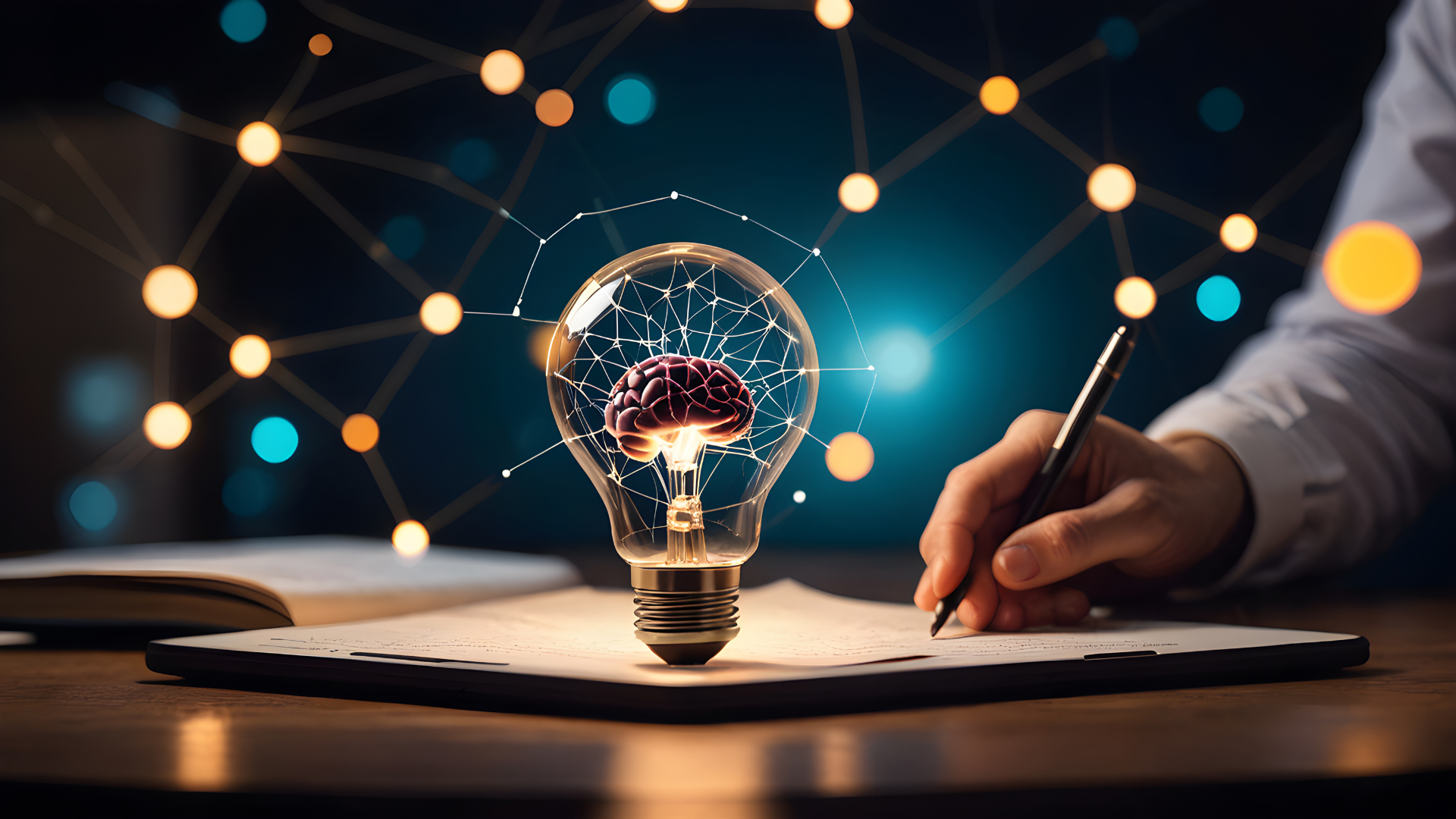 Idea light bulb with account manager writing on a notepad.