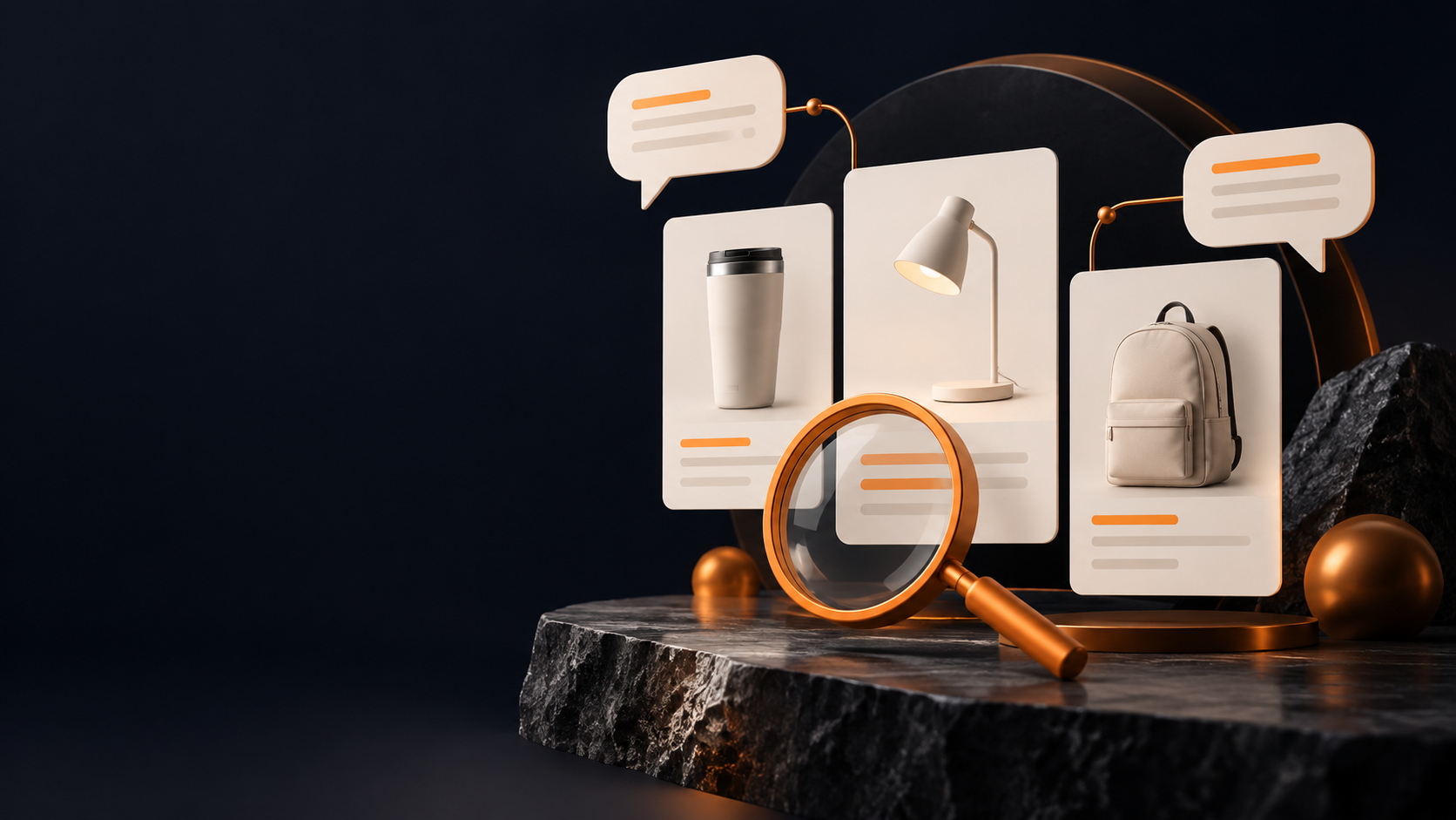 Product information cards, conversation bubbles, and a magnifying glass representing conversational shopping discovery.