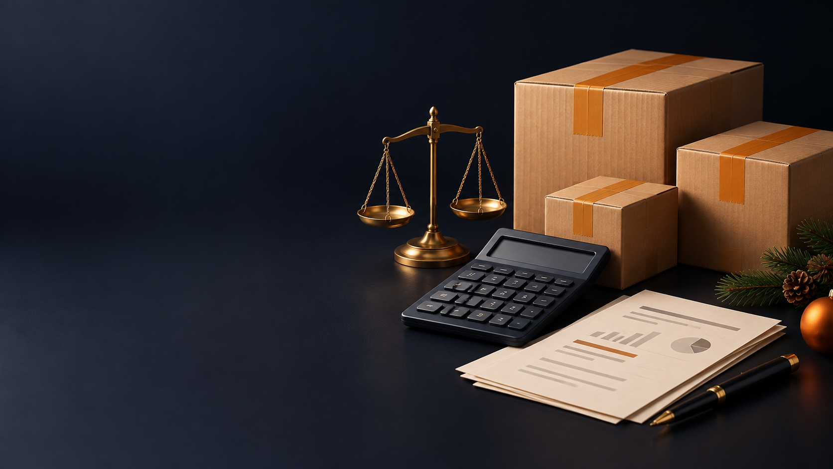 Shipping boxes, a calculator, and balance scales illustrating holiday fulfillment costs and Amazon seller margins.
