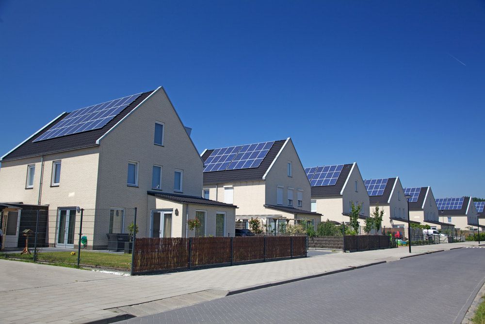 Row Of Houses With Solar Panels On The Roofs — Pro Vision Property Inspections In Merewether, NSW
