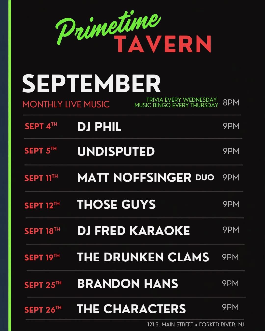 Primetime Tavern September live music schedule poster with dates and performers on a black background