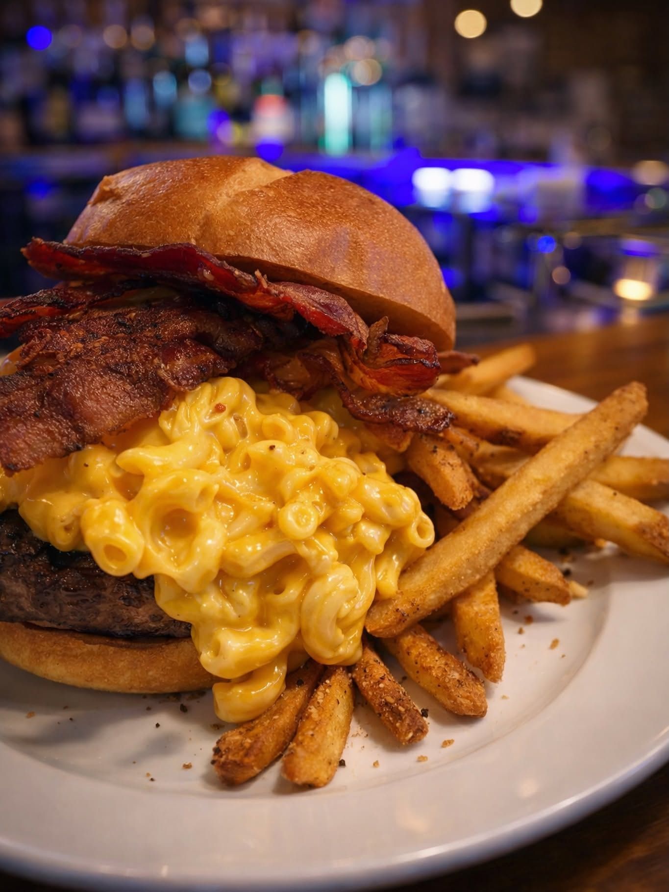 Burger with bacon, macaroni and cheese, and fries on a white plate in a restaurant setting